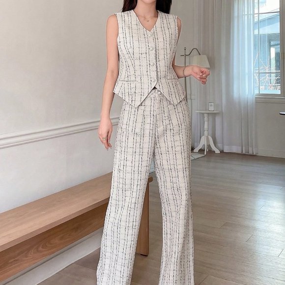 White Preppy Womens Plaid Suit Vest And Wide Leg Pants Suit - Picture 4 of 5